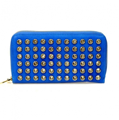 Hot Double Zipper Entry Faux Leather Wallet w/ Rhinestone Decoration and Wrislet Handle